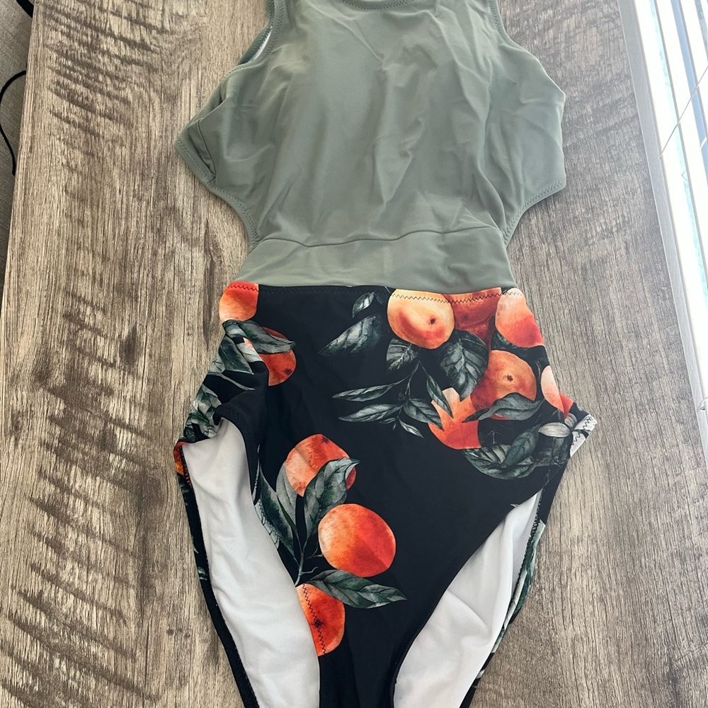 Cupshe women One Piece Swimsuit in Olive and Black with Orange Fruit Design